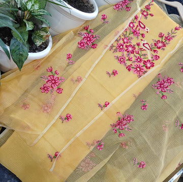 Yellow Kota Doria Cotton Embroidery Work Dress Material