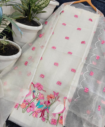 White Doria Cotton Embroidery Work Dress Material