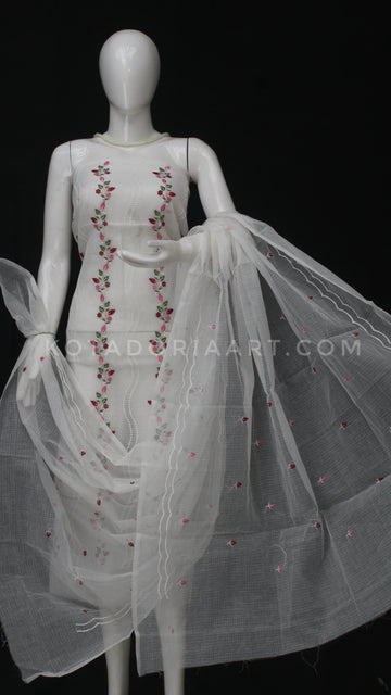 White Kota Doria Cotton Embroidery Work Dress Material