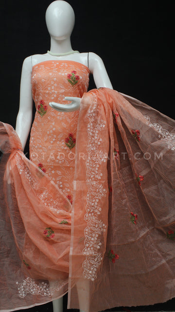Orange Kota Doria Cotton Embroidery Work Dress Material -
