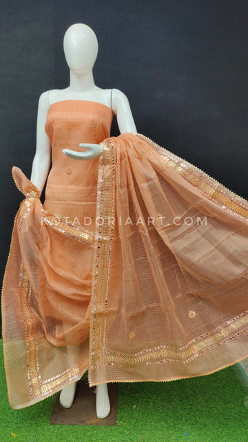 Peach Kota Doria Cotton Gota-Patti Work Dress Material with Bottom