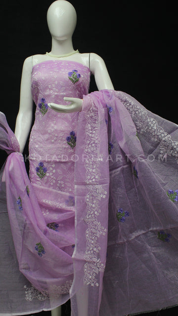 Purple Kota Doria Cotton Embroidery Work Dress Material