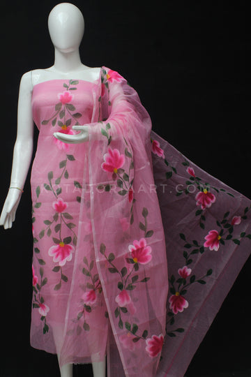Pink Kota Doria Cotton Hand Pented Dress Material With Bottom.