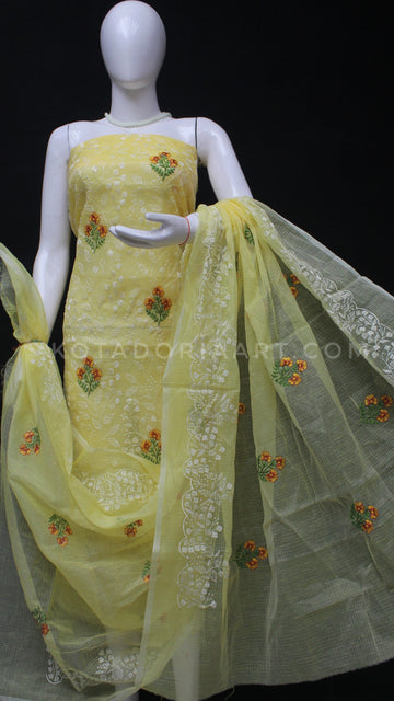 Yellow Kota Doria Cotton Embroidery Work Dress Material -