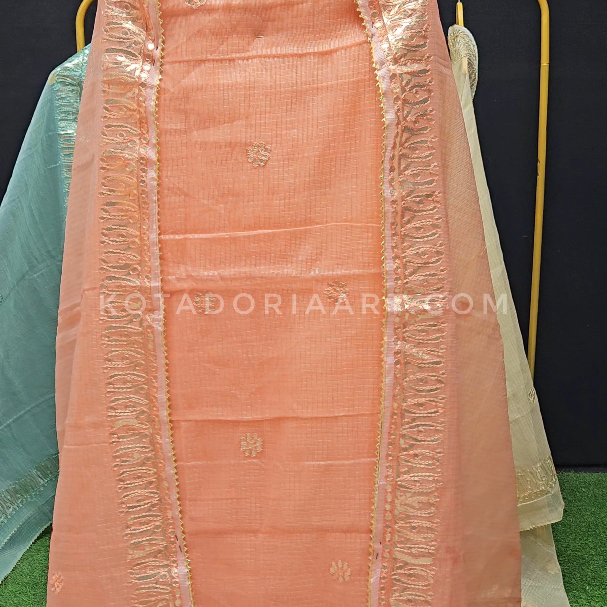Peach Kota Doria Cotton Gota-Patti Work Dress Material with Bottom