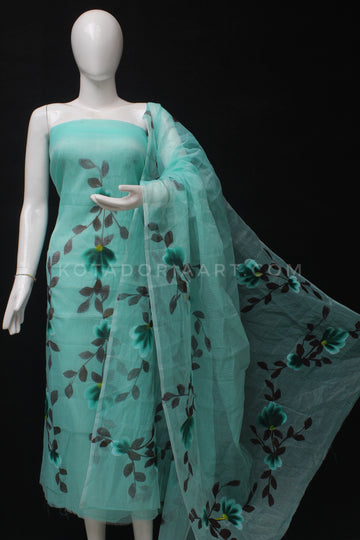 Sea-Green Kota Doria Cotton Hand Pented Dress Material With Bottom.