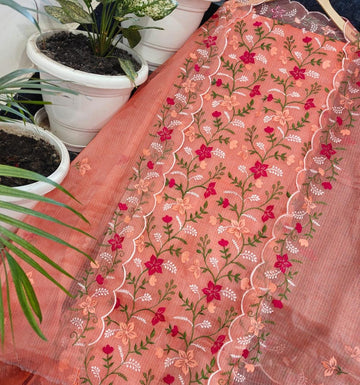 Orange Kota Doria Cotton Embroidery Work Dress Material