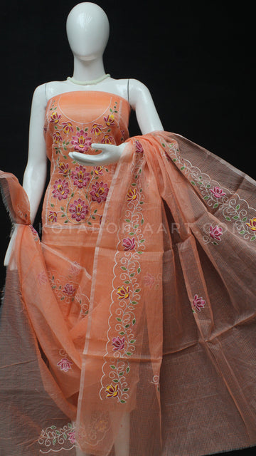 Orange Kota Doria Cotton Embroidery Work Dress Material With Bottom