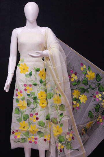 Cream Kota Doria Cotton Hand Pented Dress Material With Bottom.
