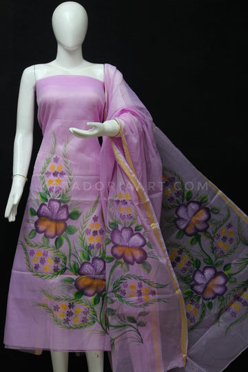 Purple Kota Doria Cotton Hand Pented Dress Material With Bottom.