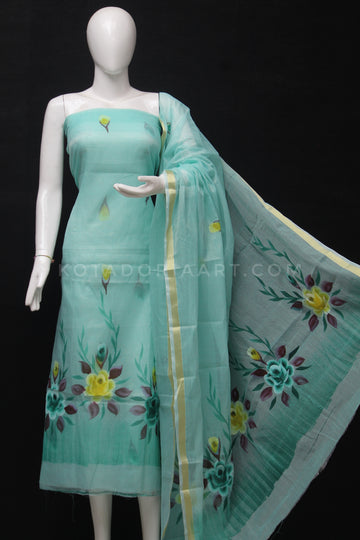 Sea-Green Doria Cotton Hand Pented Dress Material With Bottom.