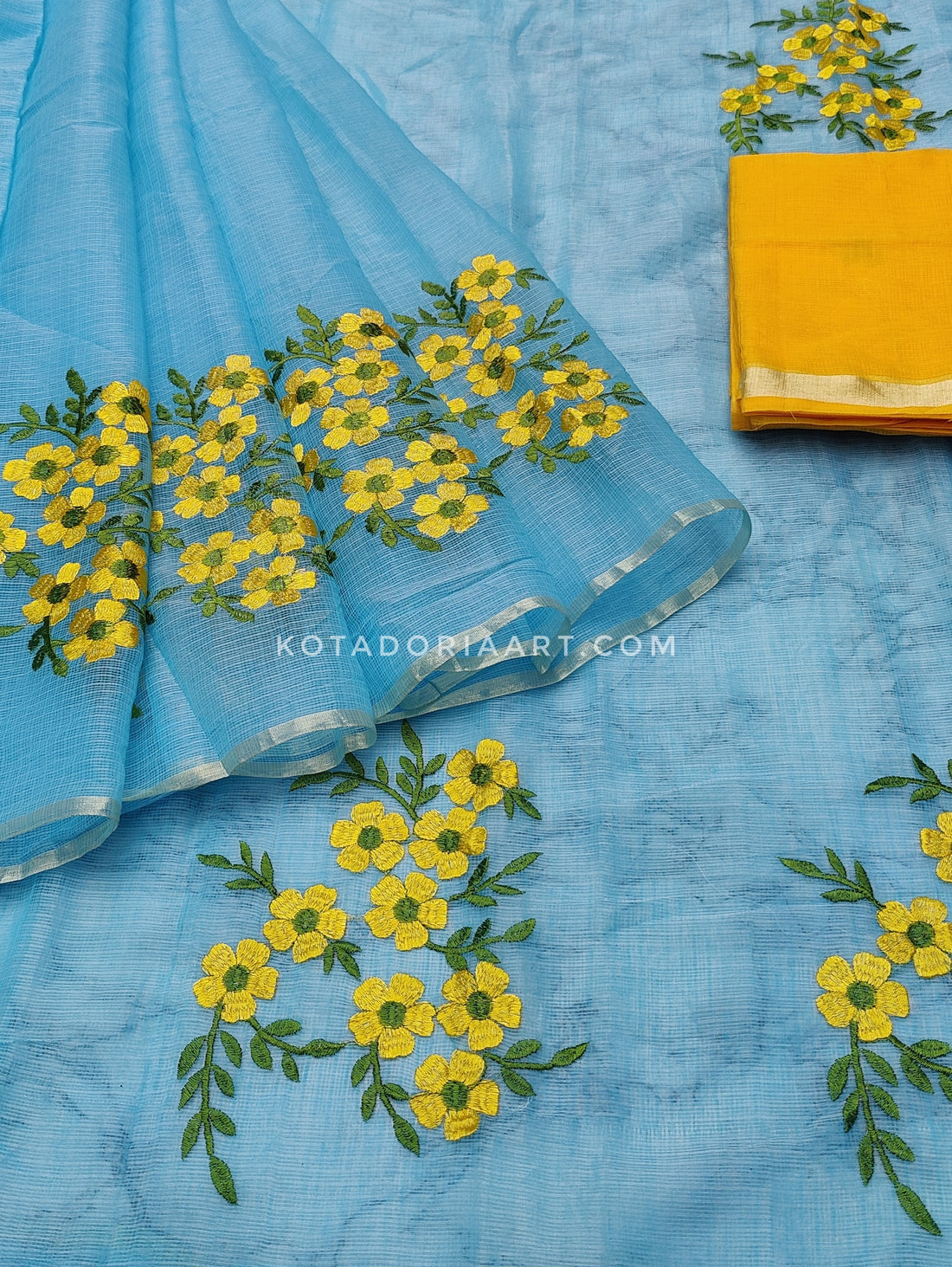 Sky-blue Cotton Kota Doria Embroidery Work Saree With Contrast Blouse Piece
