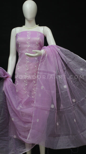 Purple Kota Doria Cotton Embroidery Work Dress Material