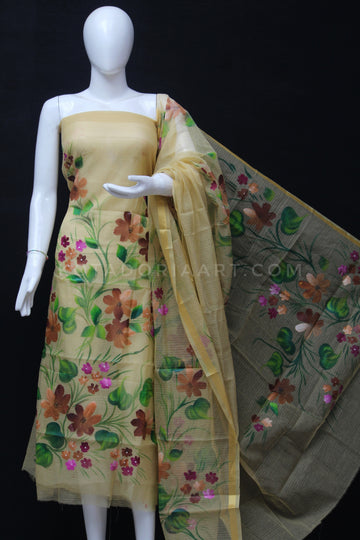 Beige Kota Doria Cotton Hand Pented Dress Material With Bottom.