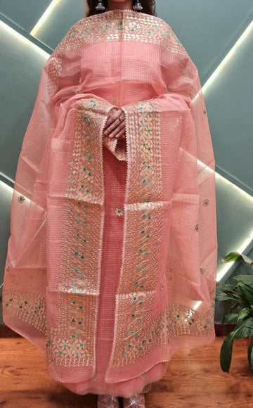 Peach Kota Doria Cotton Gota-Patti Work Dress Material With Bottom.