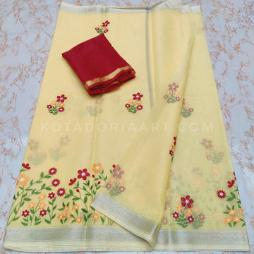 Yellow Cotton Kota Doria Embroidery Work Saree With Contrast Blouse Piece