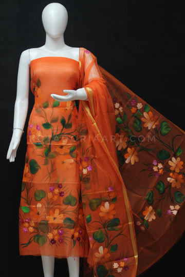 Orange Kota Doria Cotton Hand Pented Dress Material With Bottom.