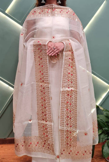 Off White Kota Doria Cotton Gota-Patti Work Dress Material