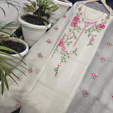White Kota Doria Cotton Embroidery Work Dress Material