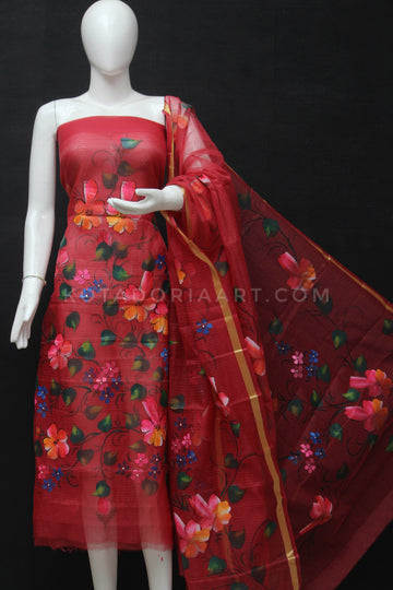 Red Doria Cotton Hand Pented Dress Material With Bottom.