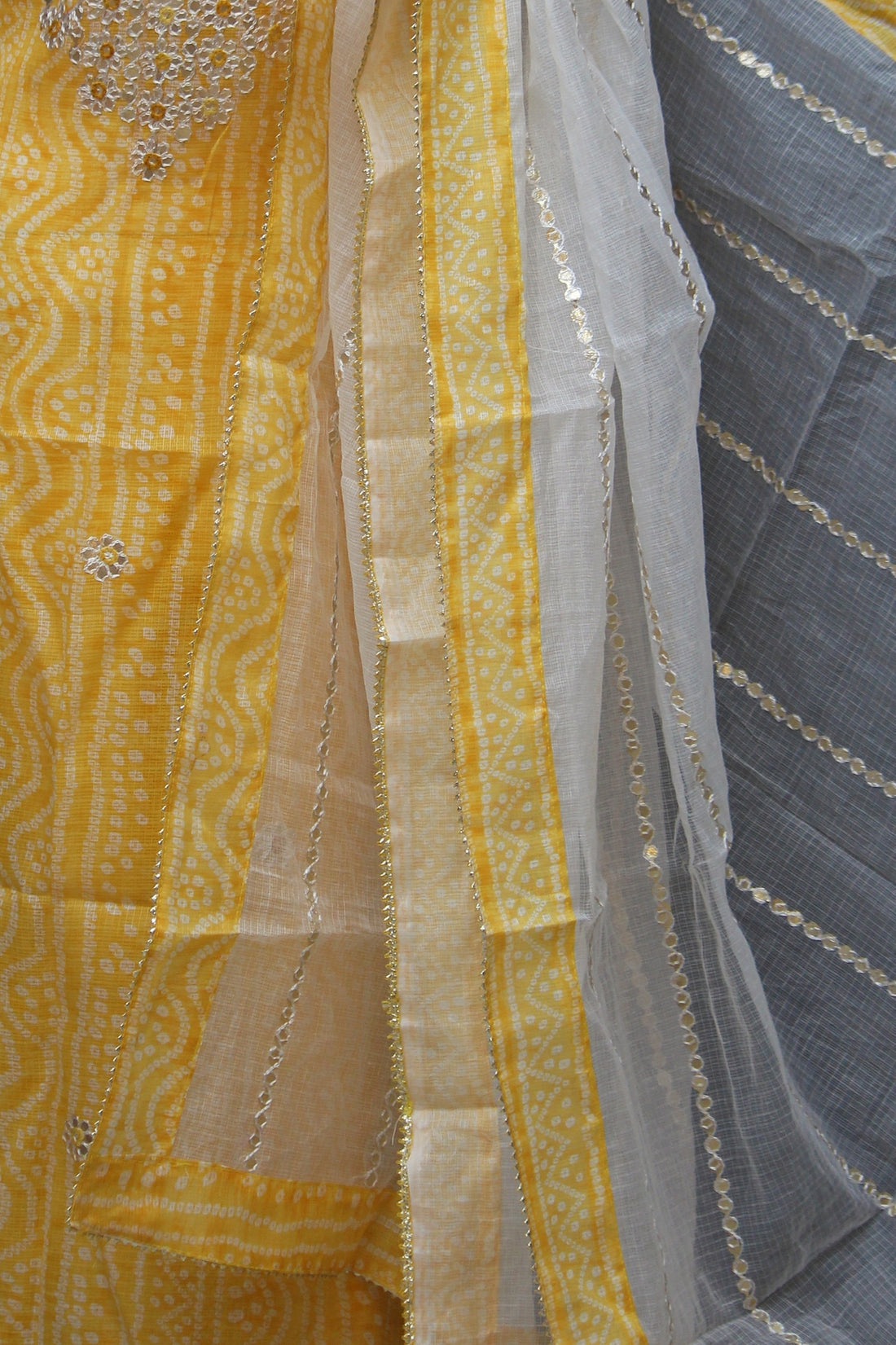 Yellow Bandhej Kota Doria Cotton Gota-Patti Work Dress Material