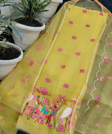 Yellow Kota Doria Cotton Embroidery Work Dress Material