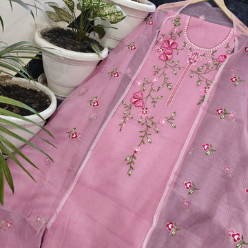 Pink Doria Cotton Embroidery Work Dress Material