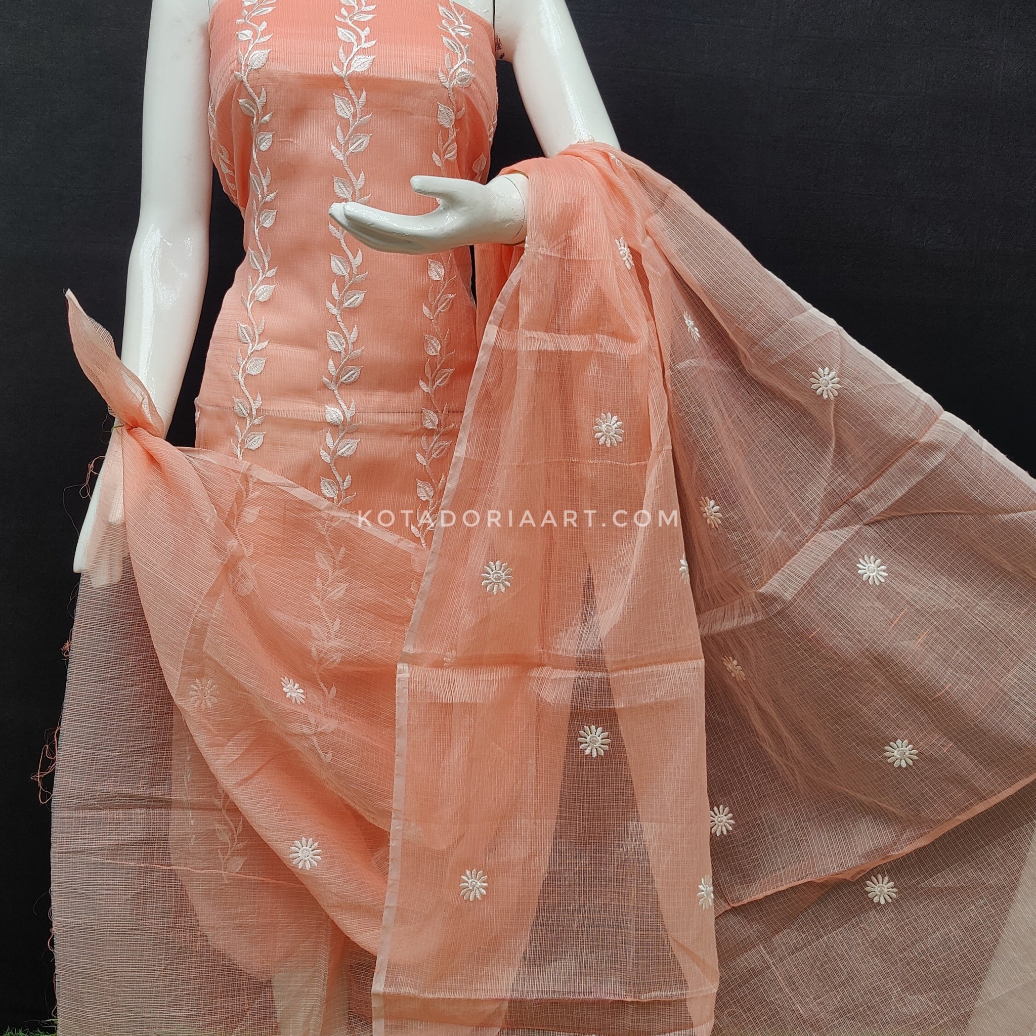 Peach Kota Doria Cotton Embroidery Work Dress Material