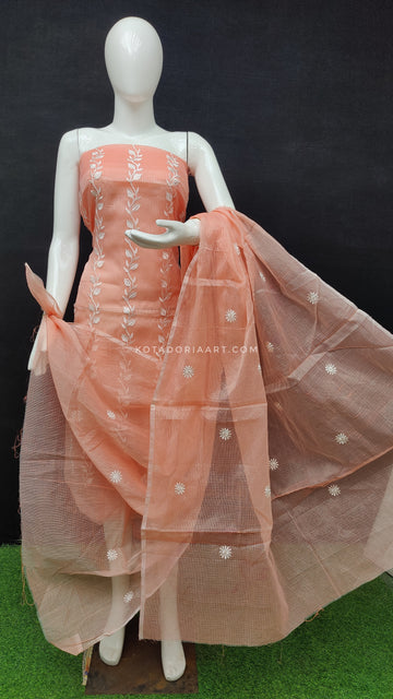 Peach Kota Doria Cotton Embroidery Work Dress Material