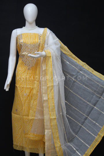 Yellow Bandhej Kota Doria Cotton Gota-Patti Work Dress Material
