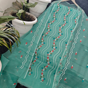 Sea-Green Doria Cotton Embroidery Work Dress Material