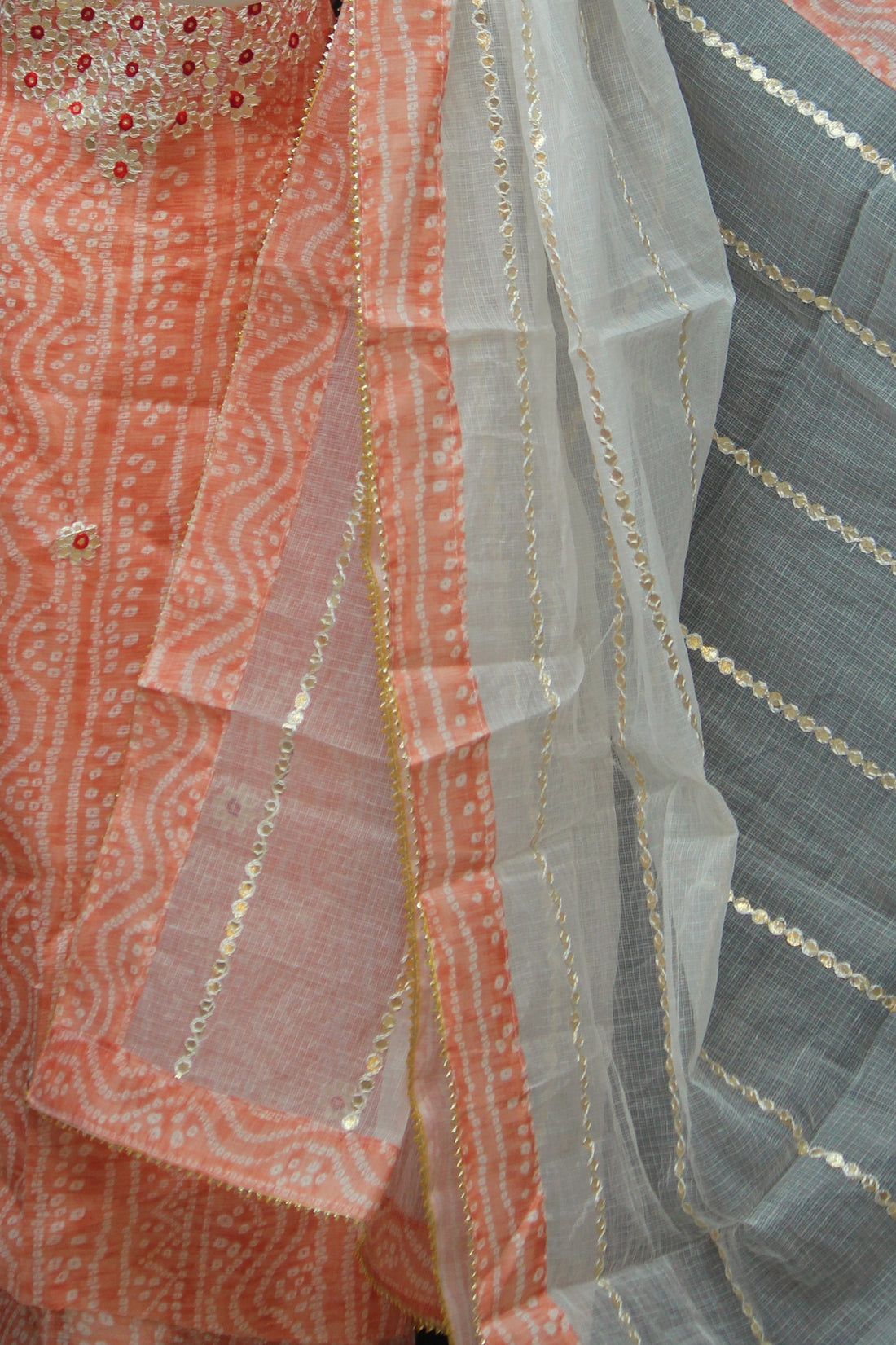 Peach Bandhej Kota Doria Cotton Gota-Patti Work Dress Material