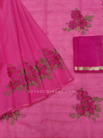 Pink Cotton Kota Doria Embroidery Work Saree With Contrast Blouse Piece