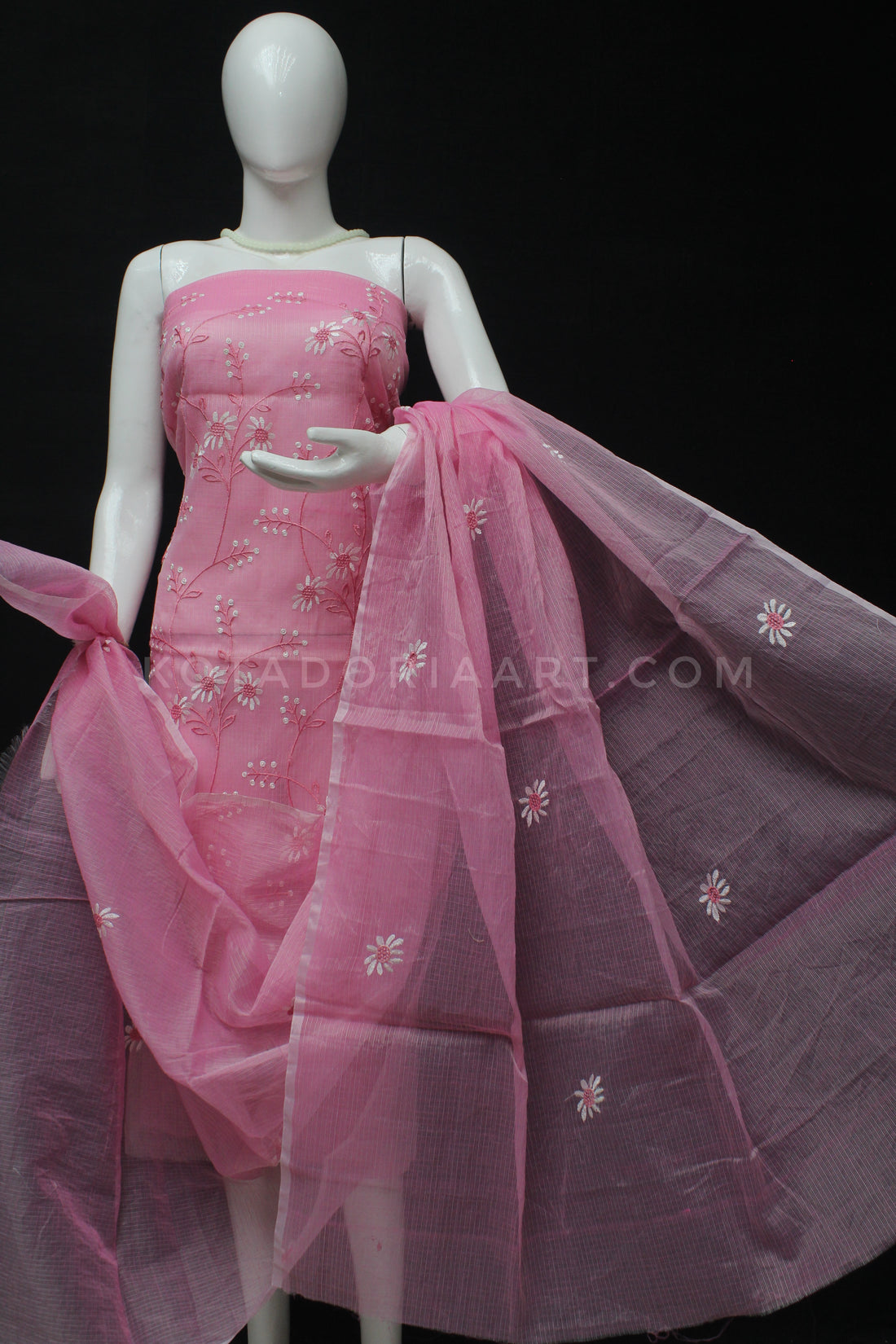 Pink Kota Doria Cotton Embroidery Work Dress Material -