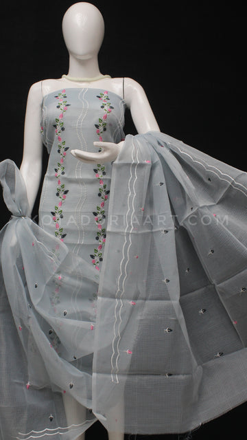 Gray Kota Doria Cotton Embroidery Work Dress Material