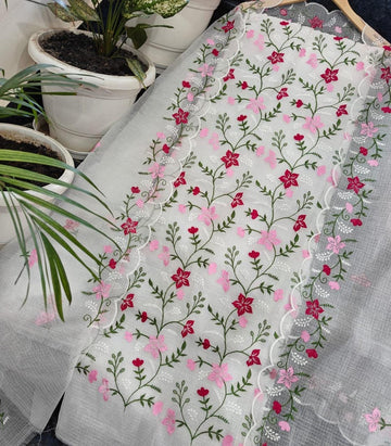 White Kota Doria Cotton Embroidery Work Dress Material