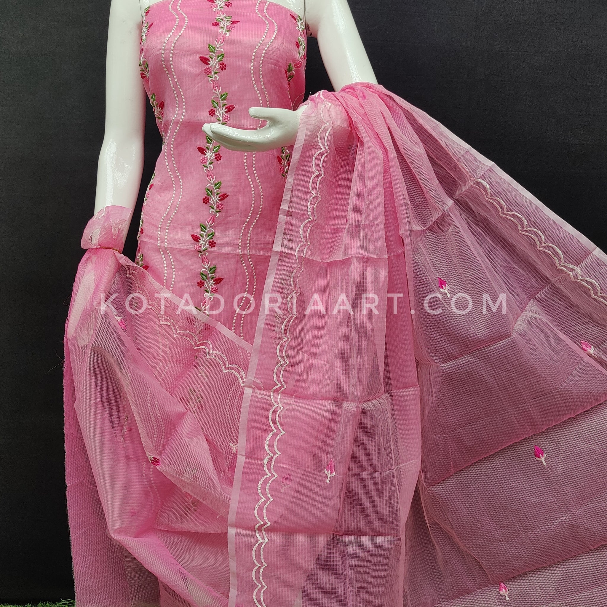 Pink Kota Doria Cotton Embroidery Work Dress Material