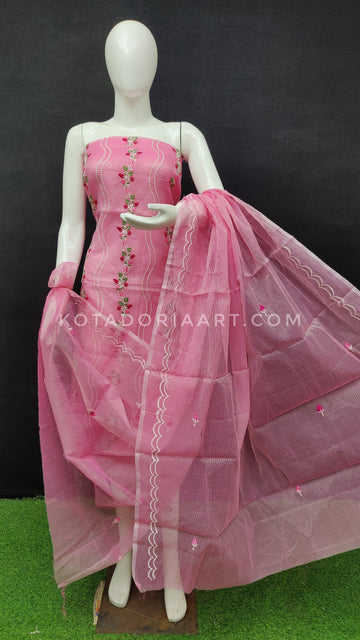 Pink Kota Doria Cotton Embroidery Work Dress Material