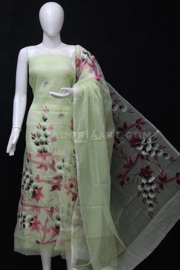Pista Green Kota Doria Cotton Hand Pented Dress Material With Bottom.