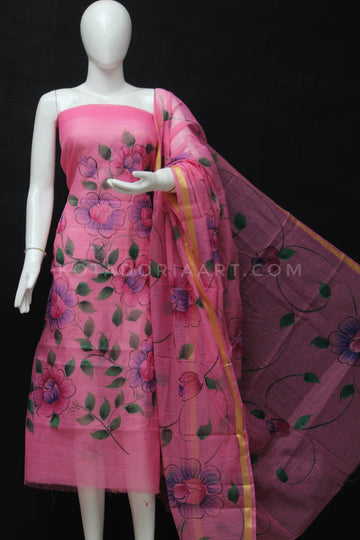 Pink Kota Doria Cotton Hand Pented Dress Material With Bottom.