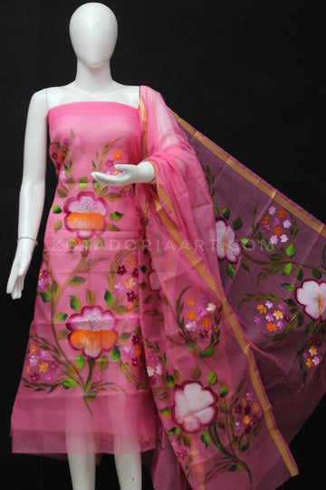 Pink Kota Doria Cotton Hand Pented Dress Material With Bottom.
