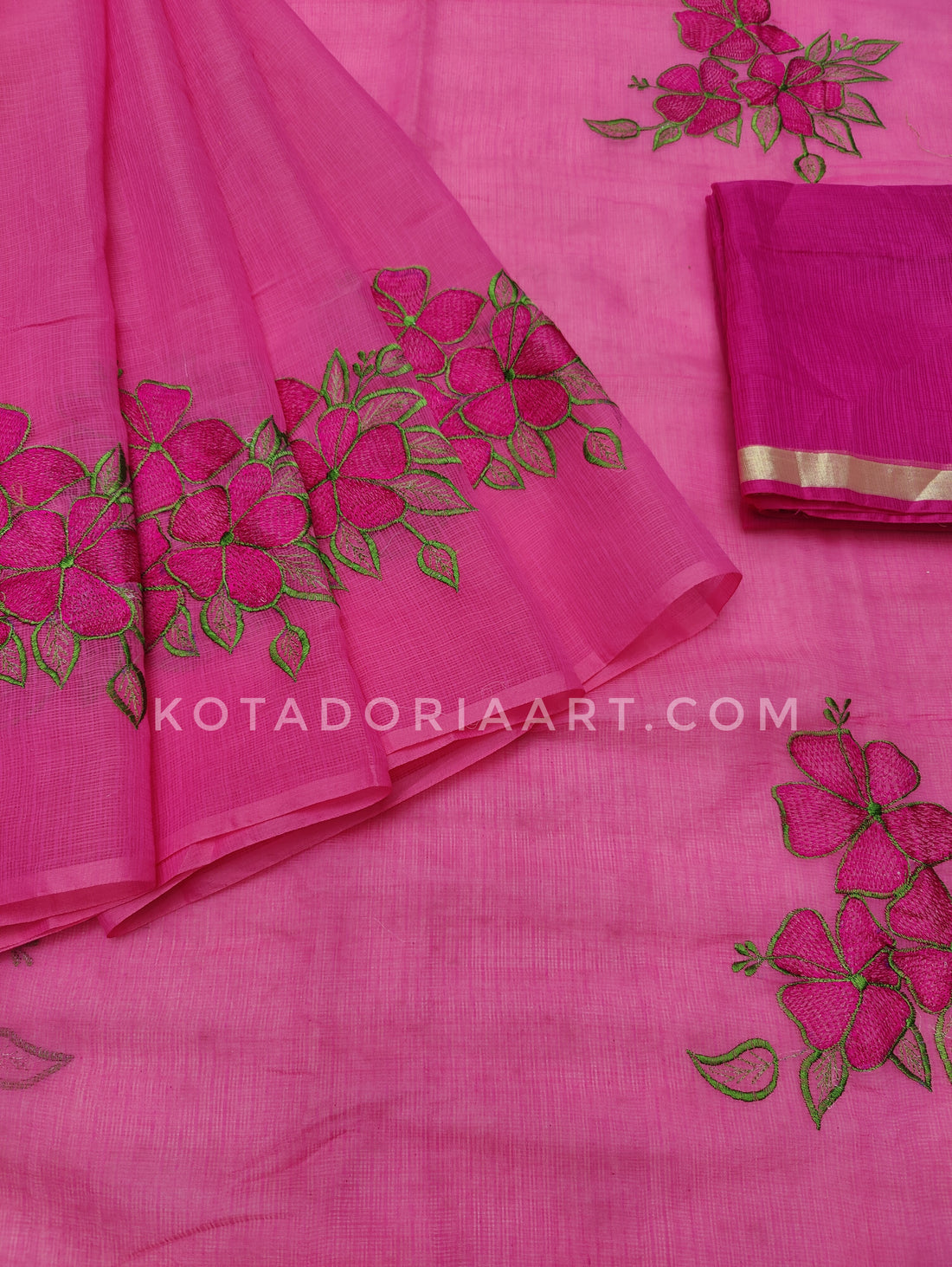 Pink Cotton Kota Doria Embroidery Work Saree With Contrast Blouse Piece