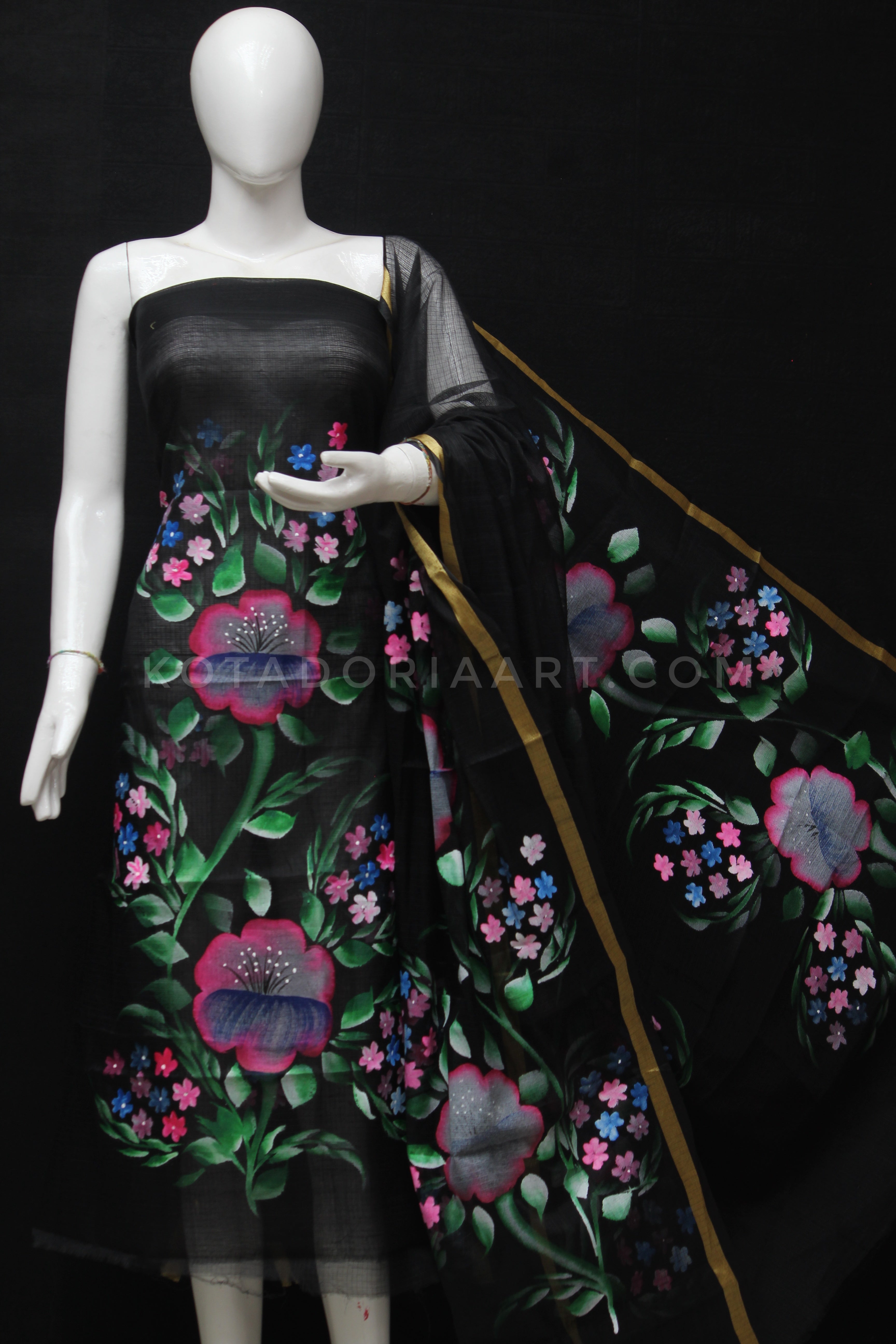 Black Kota Doria Cotton Hand Pented Dress Material With Bottom.