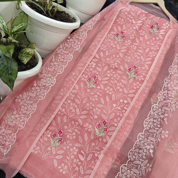 Peach Doria Cotton Embroidery Work Dress Material
