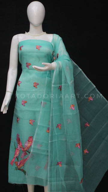 Sea Green Kota Doria Cotton Embroidery Work Dress Material