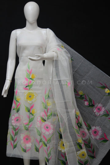 White Kota Doria Cotton Hand Pented Dress Material With Bottom.