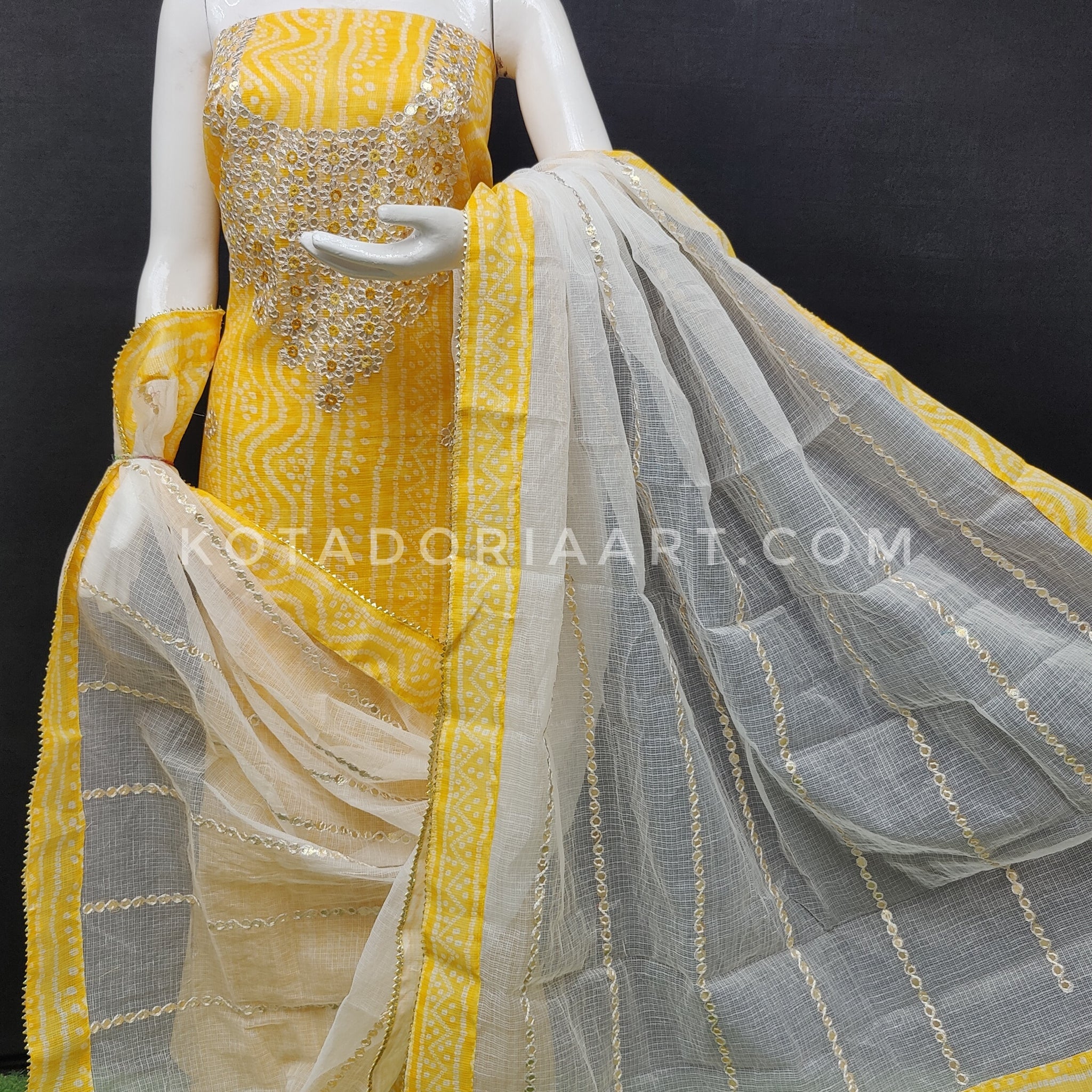 Yellow Bandhej Kota Doria Cotton Gota-Patti Work Dress Material