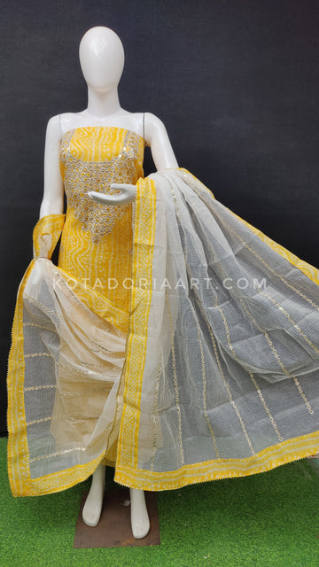 Yellow Bandhej Kota Doria Cotton Gota-Patti Work Dress Material