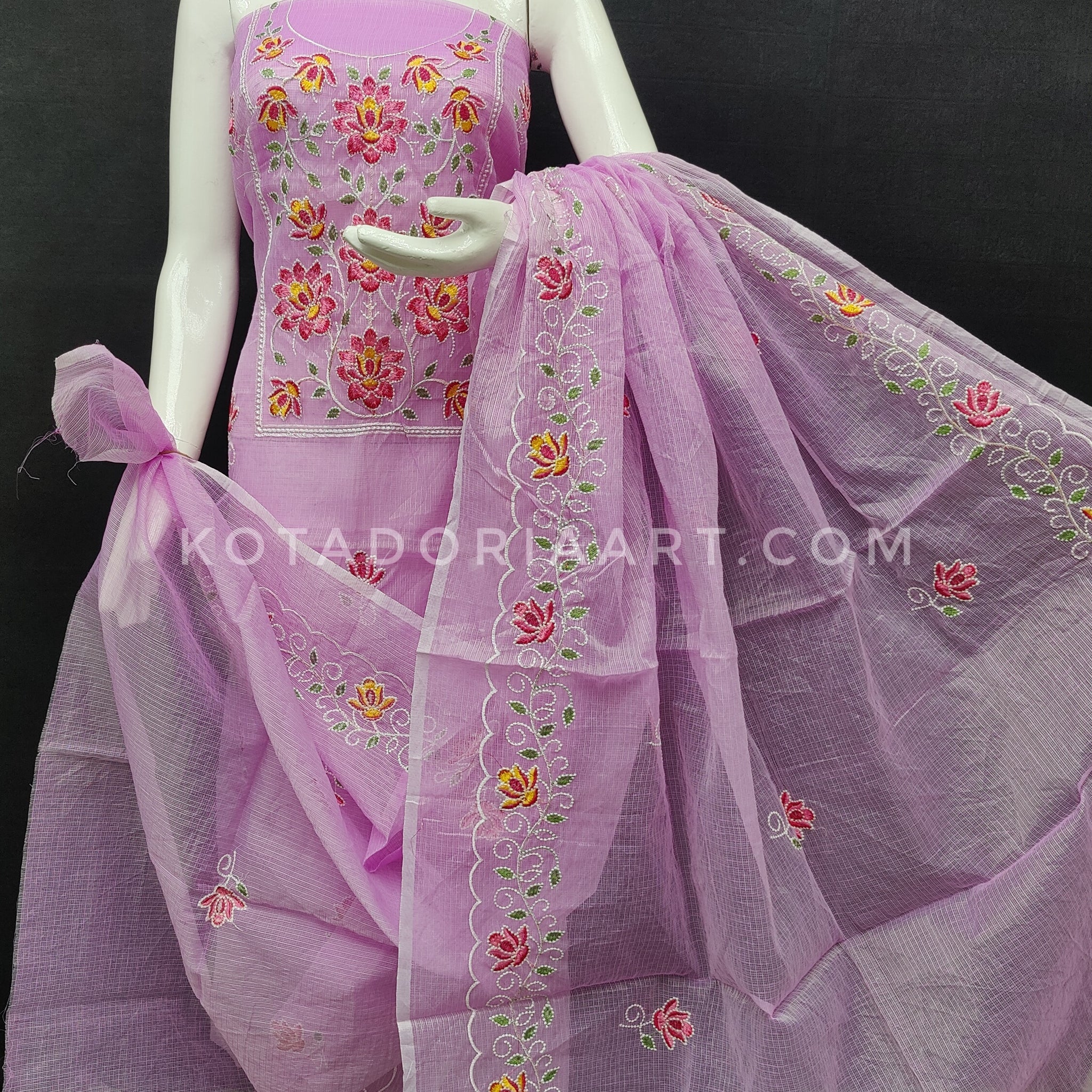 Purple Kota Doria Cotton Embroidery Work Dress Material