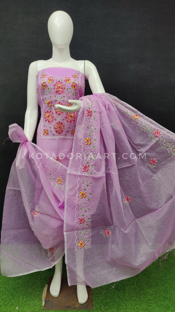 Purple Kota Doria Cotton Embroidery Work Dress Material